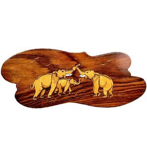 Vintage Handmade Marquetry Wooden Elephant Wall Picture 14"x6" Etched Carved
